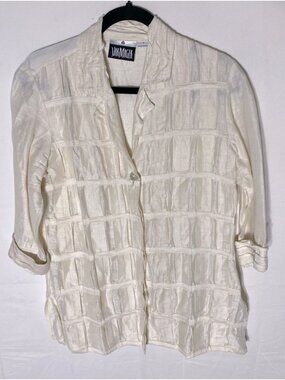 Yak Magic Cream Silk Linen Textured Button Front Half Sleeve Blazer Shirt S